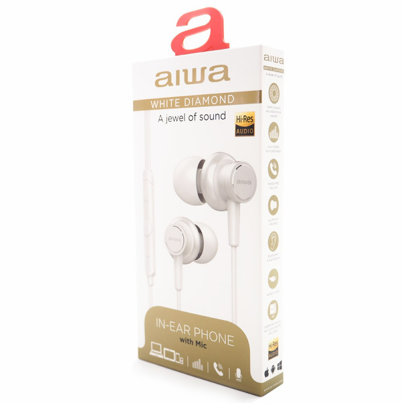 Aiwa ESTM-500W laidinės įdėjamosios ausinės su mikrofonu, 3,5 mm jungtis, baltos