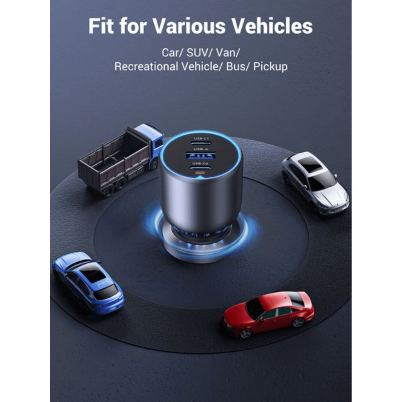 Ugreen EC705 automobilinis įkroviklis, USB + 2x USB-C, 130 W, su 1 m 5 A laidu