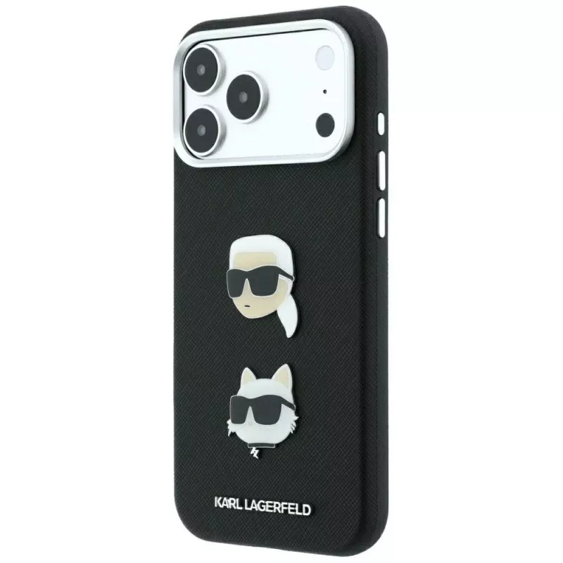 Karl Lagerfeld KF003250 dėklas iPhone 18 Pro Max / 17 Pro Max, Saffiano with Karl & Choupette Heads Pins & Logo, juodas