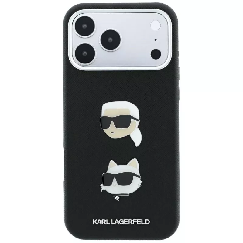 Karl Lagerfeld KF003250 dėklas iPhone 18 Pro Max / 17 Pro Max, Saffiano with Karl & Choupette Heads Pins & Logo, juodas