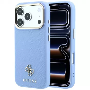 Guess GUE005538 Saffiano Small 4G & Classic Logo MagSafe dėklas, skirtas iPhone 18 Pro / 17 Pro, šviesiai mėlynas