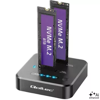 Qoltec 52633 M.2 NVMe SSD diskų dokinimo stotelė, PCIe, 2 x 8TB, USB-C 3.2, 10 Gb/s, klonavimas be kompiuterio