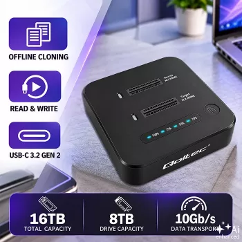Qoltec 52633 M.2 NVMe SSD diskų dokinimo stotelė, PCIe, 2 x 8TB, USB-C 3.2, 10 Gb/s, klonavimas be kompiuterio