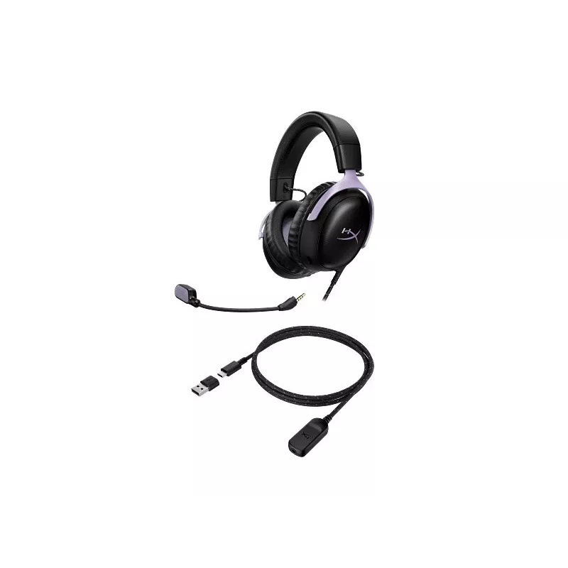 HyperX Cloud III žaidimų ausinės, juoda ir levandų spalvos