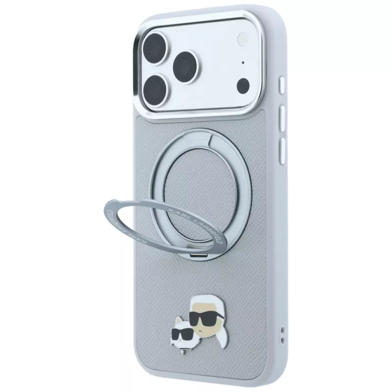 Karl Lagerfeld KF003229 dėklas su 360 žiedu-stovu Karl & Choupette Heads Pin MagSafe iPhone 18 Pro / 17 Pro, pilkas