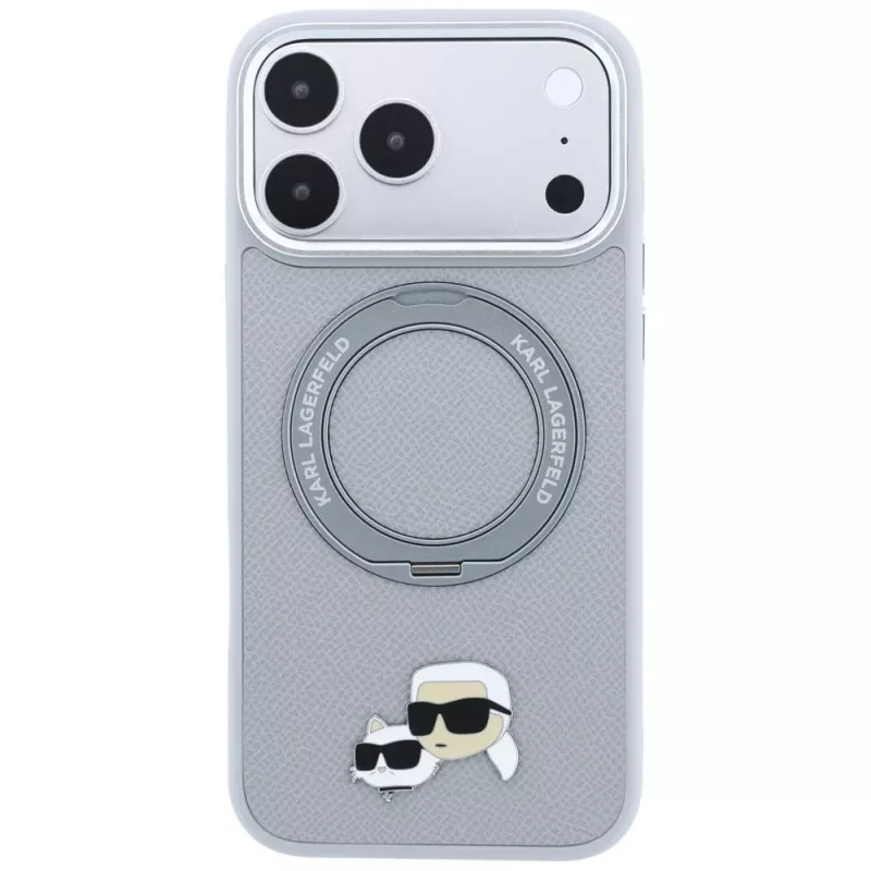 Karl Lagerfeld KF003229 dėklas su 360 žiedu-stovu Karl & Choupette Heads Pin MagSafe iPhone 18 Pro / 17 Pro, pilkas