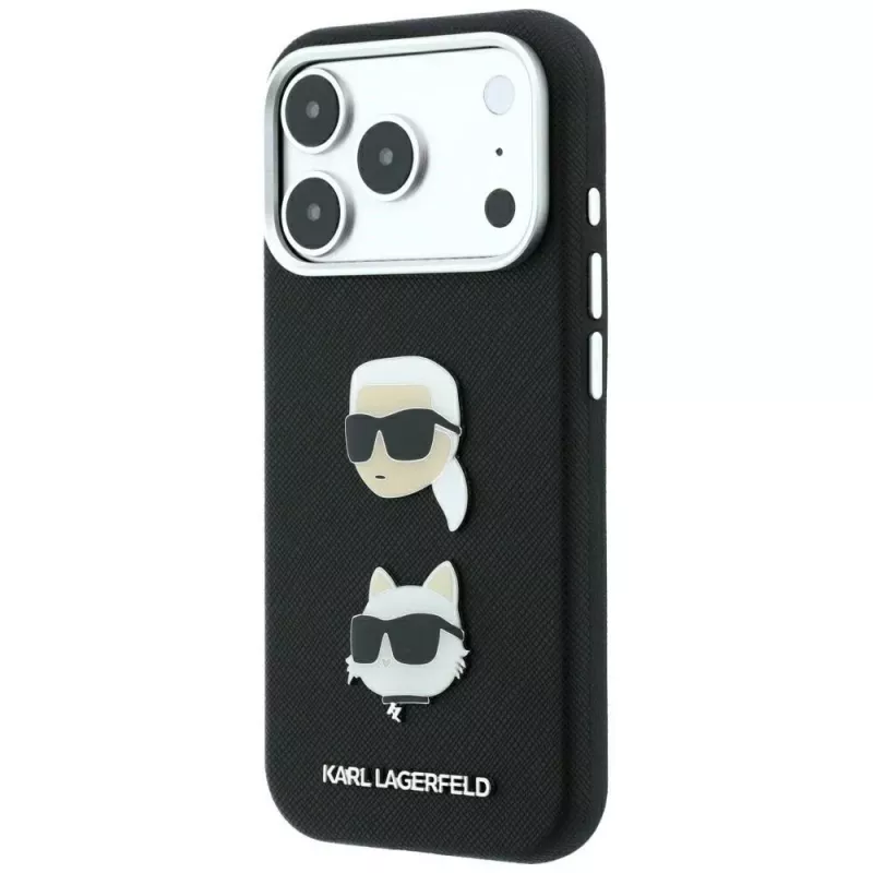 Karl Lagerfeld KF003249 Saffiano with Karl & Choupette Heads Pins & Logo dėklas, skirtas iPhone 18 Pro / 17 Pro, juodas
