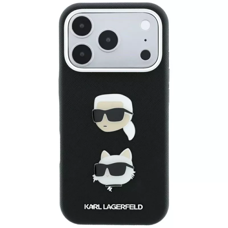 Karl Lagerfeld KF003249 Saffiano with Karl & Choupette Heads Pins & Logo dėklas, skirtas iPhone 18 Pro / 17 Pro, juodas