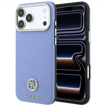 Guess Grained Round Strass Logo MagSafe dėklas iPhone 18 Pro Max / 17 Pro Max, mėlynas