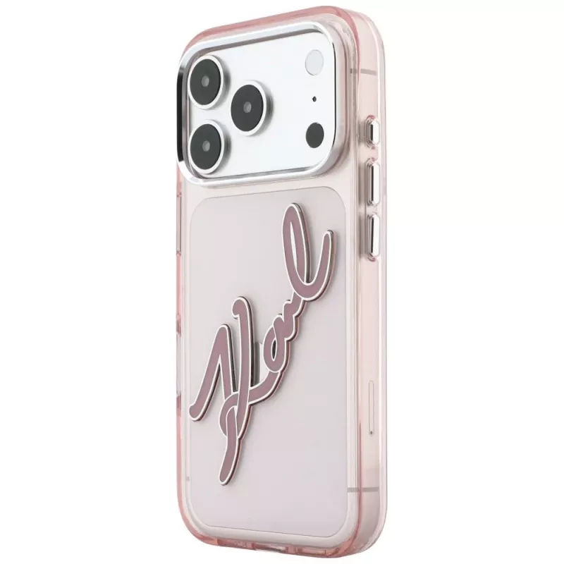 Karl Lagerfeld KF003384 IML Big Signature Resin Metal Frame dėklas iPhone 18 Pro Max / 17 Pro Max, rožinis