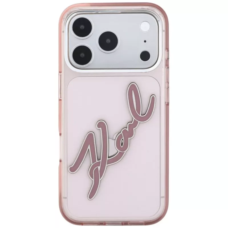 Karl Lagerfeld KF003384 IML Big Signature Resin Metal Frame dėklas iPhone 18 Pro Max / 17 Pro Max, rožinis