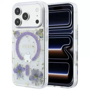 Guess Resin Flowers Glitter MagSafe dėklas, skirtas iPhone 18 Pro Max / 17 Pro Max, violetinis