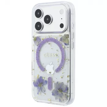 Guess Resin Flowers Glitter MagSafe dėklas, skirtas iPhone 18 Pro Max / 17 Pro Max, violetinis