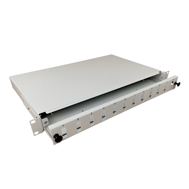 Alantec FOP-1U-12SCD-S 12xSC duplex 19 colių 1U šviesolaidinis skirstymo skydelis, išstumiamas, su priekiniu skydeliu ir montavimo priedais