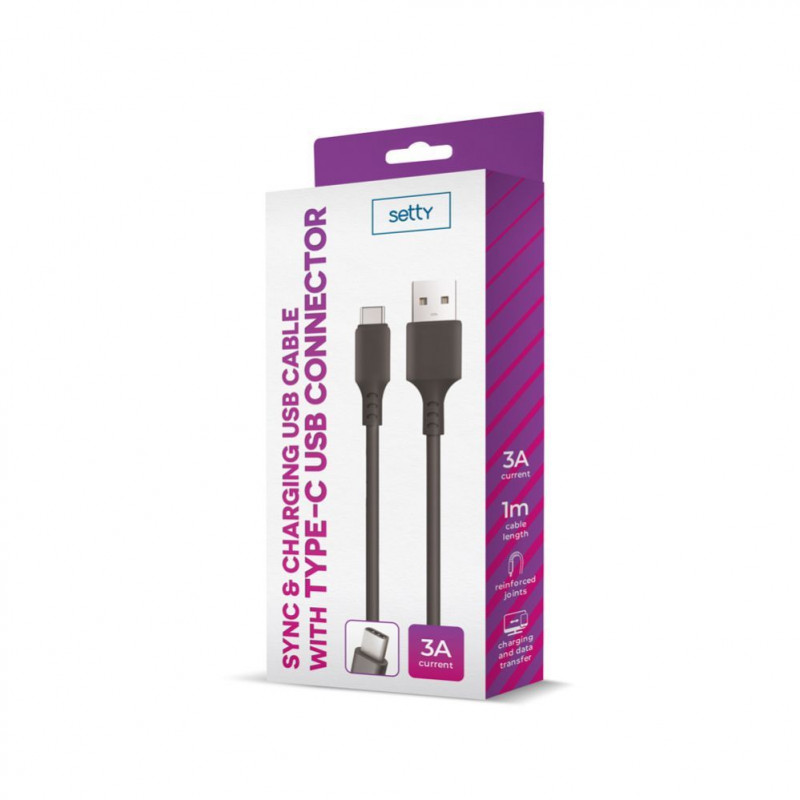 Setty USB-A – USB-C kabelis, 1 m, 3 A, juodas