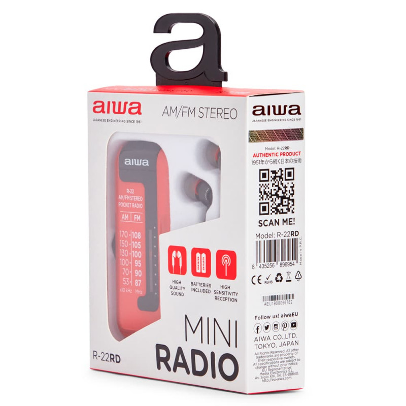 AIWA R-22RD kišeninis radijas su ausinėmis, raudonas