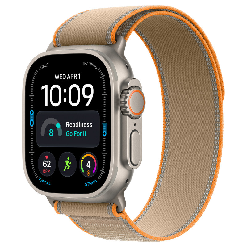 Apple Watch Ultra 4 GPS + Cellular 49 mm išmanusis laikrodis, natūralaus titano korpusas, smėlio spalvos Trail Loop dirželis, S/M, MJAJ4QF/A