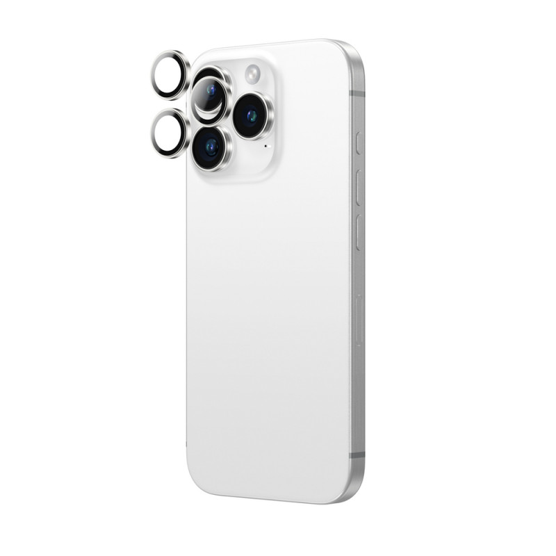 AmazingThing AR Aluminum 3 Lens Glass kameros objektyvų apsauga su rėmeliu, skirta iPhone 16 Pro / 16 Pro Max, sidabrinė