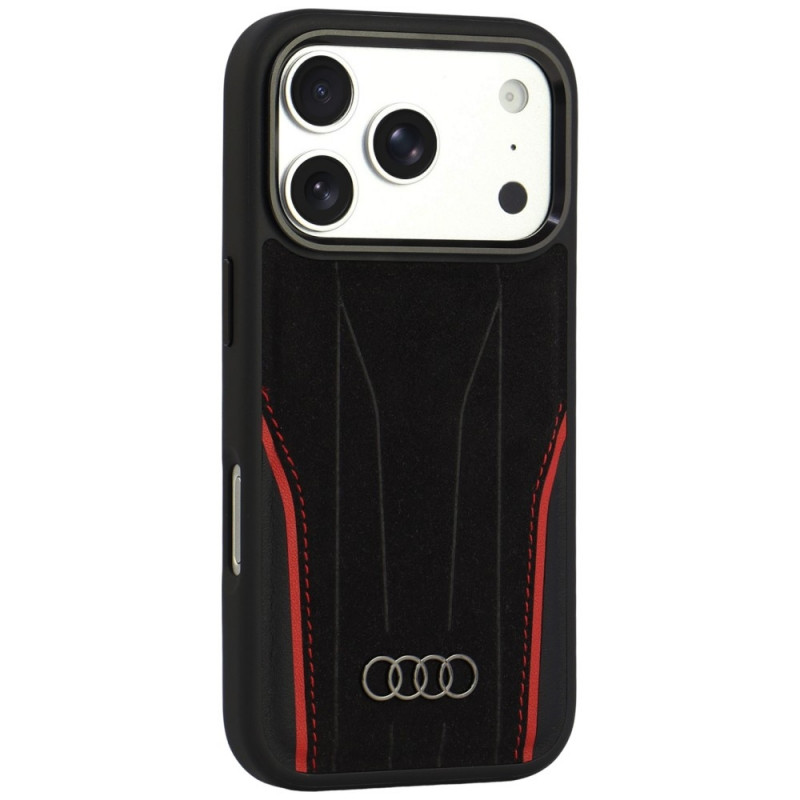 Audi R8 Genuine Leather MagSafe dėklas iš natūralios odos iPhone 18 Pro / 17 Pro, juodas su raudonu (AUDI000239)