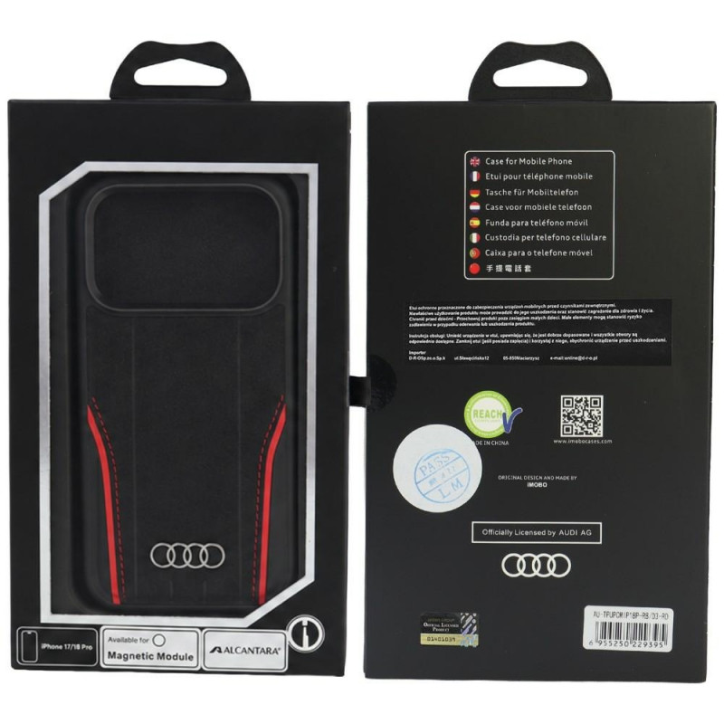 Audi R8 Genuine Leather MagSafe dėklas iš natūralios odos iPhone 18 Pro / 17 Pro, juodas su raudonu (AUDI000239)