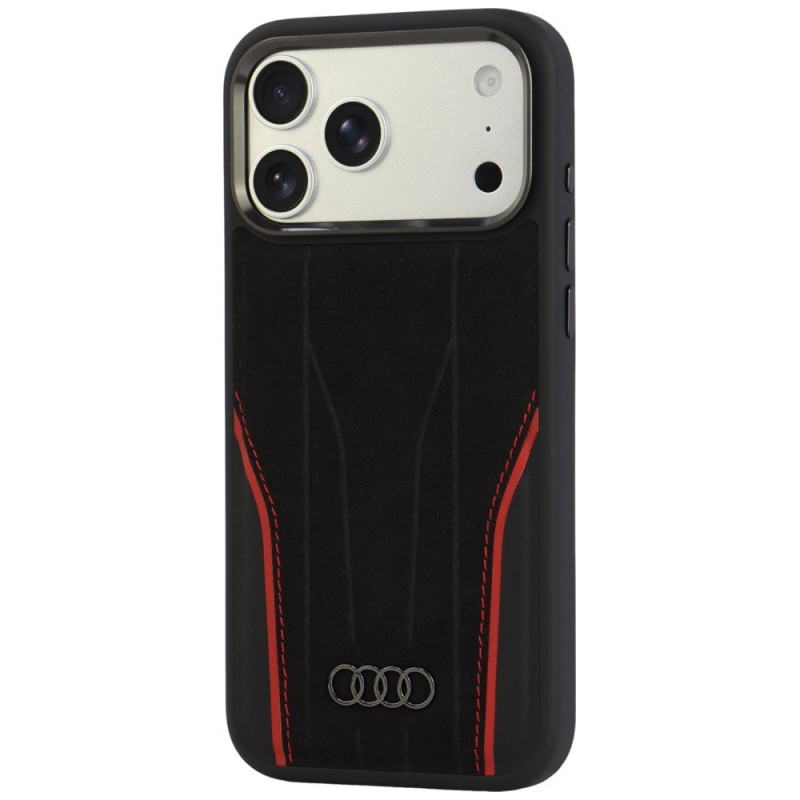 Audi R8 Genuine Leather MagSafe dėklas iš natūralios odos iPhone 18 Pro Max / 17 Pro Max, juodas su raudonu (AUDI000240)