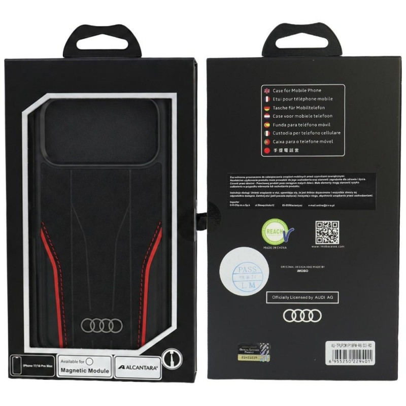 Audi R8 Genuine Leather MagSafe dėklas iš natūralios odos iPhone 18 Pro Max / 17 Pro Max, juodas su raudonu (AUDI000240)