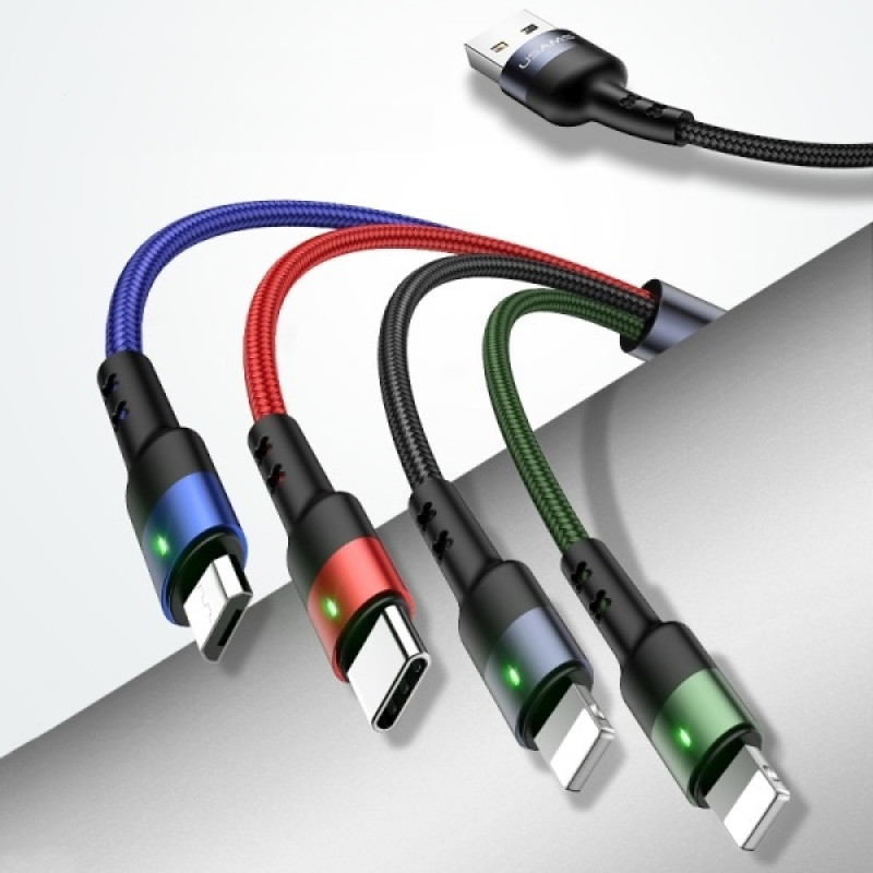 USAMS U26 SJ413USB01 (US-SJ413) 4 viename pintas nailoninis kabelis, 3 m, 2 A (2x Lightning/microUSB/USB-C)
