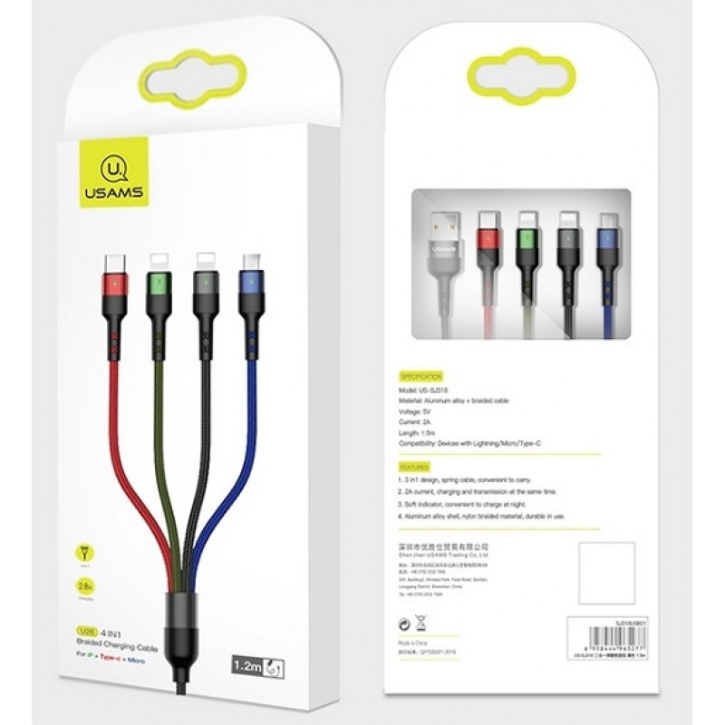 USAMS U26 SJ413USB01 (US-SJ413) 4 viename pintas nailoninis kabelis, 3 m, 2 A (2x Lightning/microUSB/USB-C)