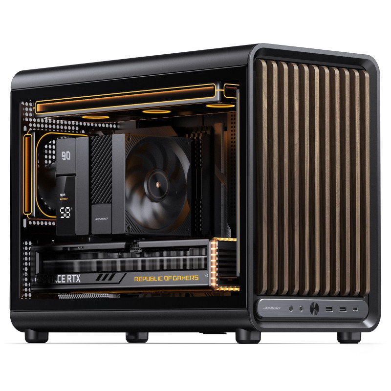 Jonsbo D33 Wood kompiuterio korpusas, Micro-ATX, mATX, grūdintas stiklas, juodas, mediena