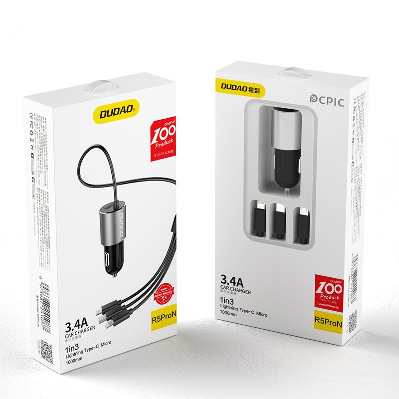 Dudao R5ProN automobilinis įkroviklis su integruotu 3 viename laidu (Lightning / USB-C / micro USB), 3,4 A, 1 m, juodas