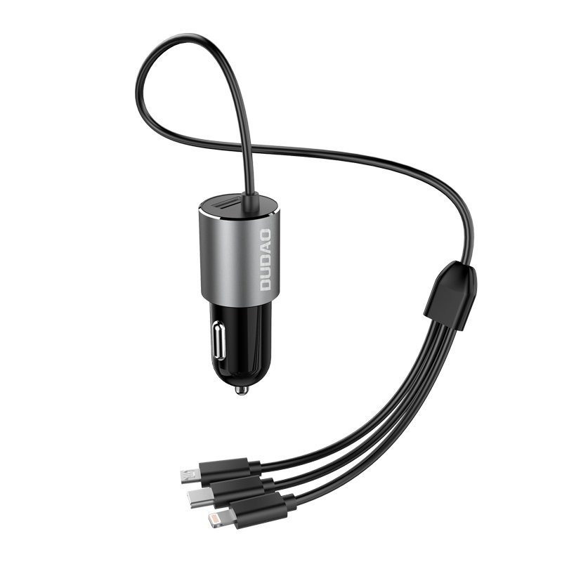 Dudao R5ProN automobilinis įkroviklis su integruotu 3 viename laidu (Lightning / USB-C / micro USB), 3,4 A, 1 m, juodas