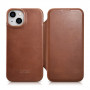 iCarer CE Oil Wax Premium Leather Folio Case magnetinis atverčiamas dėklas, skirtas iPhone 14 Plus, MagSafe, rudas (AKI14220707-BN)