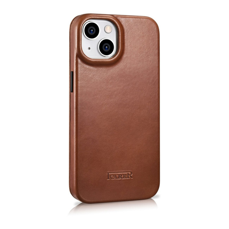 iCarer CE Oil Wax Premium Leather Folio Case magnetinis atverčiamas dėklas, skirtas iPhone 14 Plus, MagSafe, rudas (AKI14220707-BN)