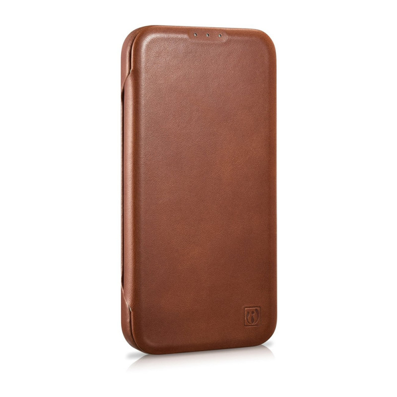 iCarer CE Oil Wax Premium Leather Folio Case magnetinis atverčiamas dėklas, skirtas iPhone 14 Plus, MagSafe, rudas (AKI14220707-BN)