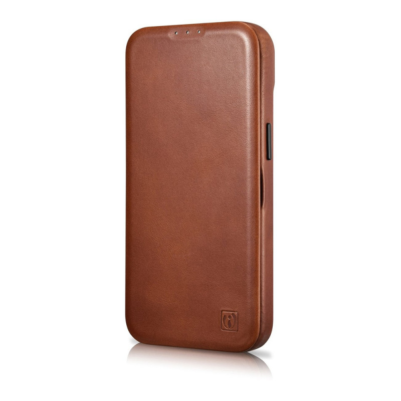 iCarer CE Oil Wax Premium Leather Folio Case magnetinis atverčiamas dėklas, skirtas iPhone 14 Plus, MagSafe, rudas (AKI14220707-BN)
