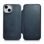 iCarer CE Oil Wax Premium Leather Folio Case magnetinis atverčiamas dėklas, skirtas iPhone 14 Plus, MagSafe, mėlynas (AKI14220707-BU)