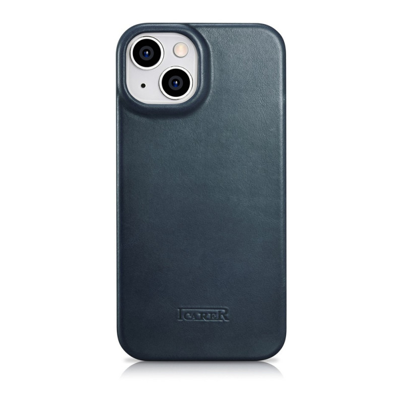 iCarer CE Oil Wax Premium Leather Folio Case magnetinis atverčiamas dėklas, skirtas iPhone 14 Plus, MagSafe, mėlynas (AKI14220707-BU)