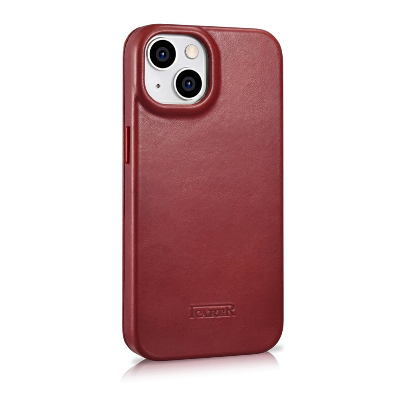 iCarer CE Oil Wax Premium Leather Folio Case magnetinis atverčiamas dėklas, skirtas iPhone 14 Plus, MagSafe, raudonas (AKI14220707-RD)
