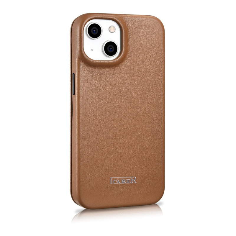 iCarer CE Premium Leather Folio Case magnetinis atverčiamas dėklas, skirtas iPhone 14 Plus, MagSafe, rudas (WMI14220715-BN)