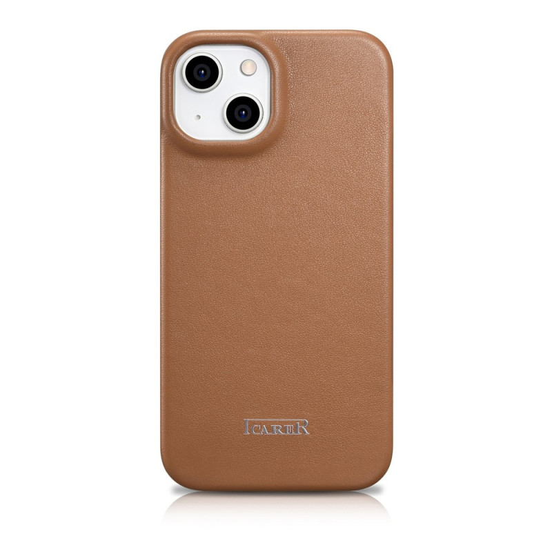 iCarer CE Premium Leather Folio Case magnetinis atverčiamas dėklas, skirtas iPhone 14 Plus, MagSafe, rudas (WMI14220715-BN)