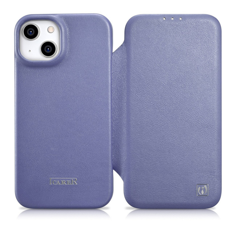 iCarer CE Premium Leather Folio Case odinis dėklas, skirtas Apple iPhone 14 Plus / 15 Plus, MagSafe, šviesiai violetinis (ICR413)
