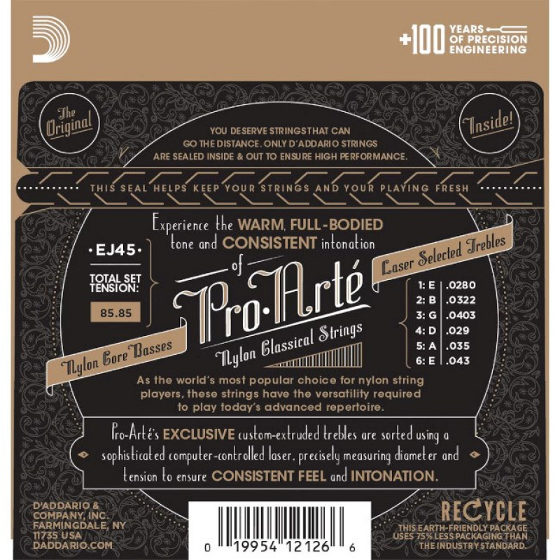 Daddario D'Addario EJ45 Pro-Arté nailoninės stygos klasikinei gitarai, normalus įtempimas, 28-43