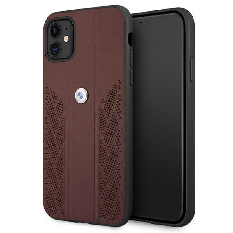 BMW BMHCN61RSPPR Leather Curve Perforate kietasis dėklas, skirtas Apple iPhone 11, raudonas