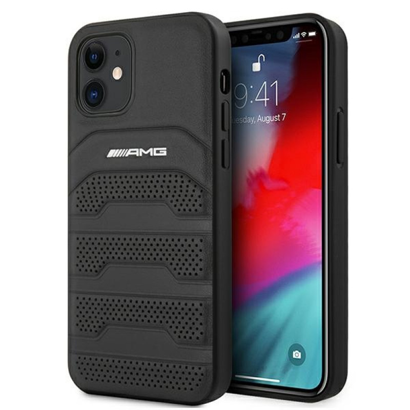 Mercedes-AMG AMHCP12SGSEBK Leather Debossed Lines kietasis dėklas, skirtas Apple iPhone 12 mini, juodas