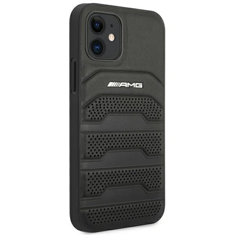 Mercedes-AMG AMHCP12SGSEBK Leather Debossed Lines kietasis dėklas, skirtas Apple iPhone 12 mini, juodas