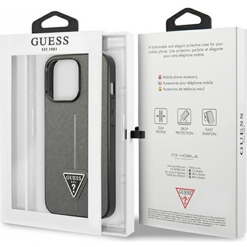 Guess GUHCP13LPSATLG kietas dėklas Apple iPhone 13 Pro, Saffiano Triangle Logo, sidabrinis