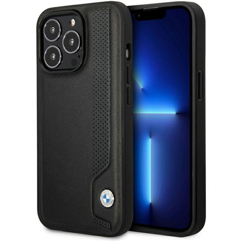 BMW BMHCP14L22RBDK Leather Blue Dots kietas dėklas skirtas iPhone 14 Pro 6,1", juodas