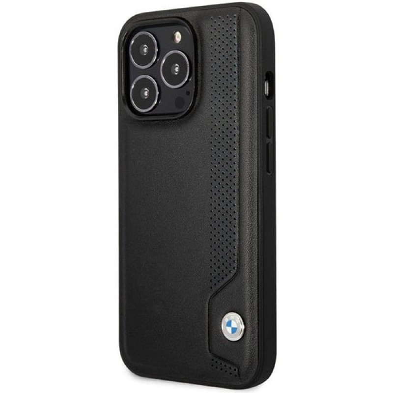 BMW BMHCP14L22RBDK Leather Blue Dots kietas dėklas skirtas iPhone 14 Pro 6,1", juodas