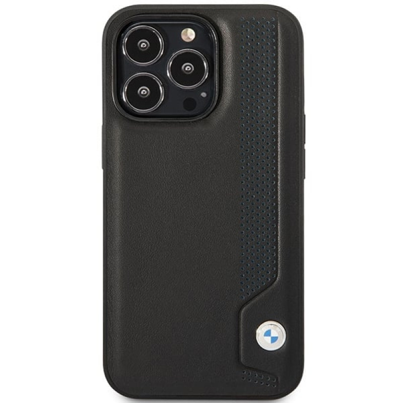 BMW BMHCP14L22RBDK Leather Blue Dots kietas dėklas skirtas iPhone 14 Pro 6,1", juodas