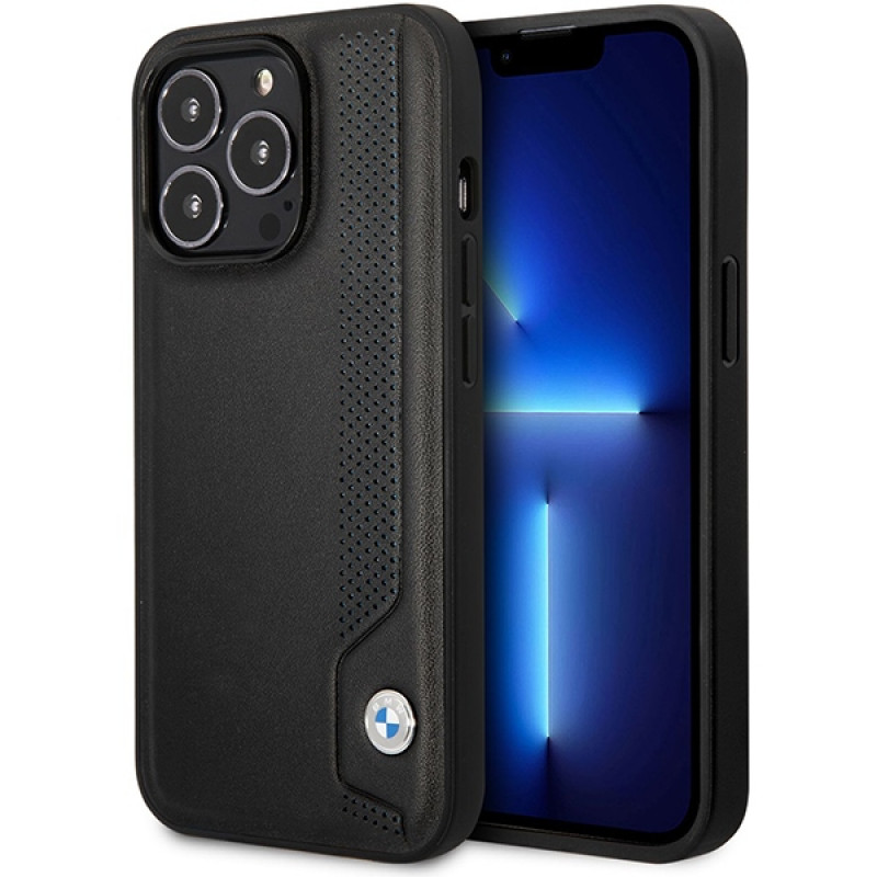 BMW BMHCP14X22RBDK Leather Blue Dots kietas dėklas skirtas iPhone 14 Pro Max 6,7", juodas